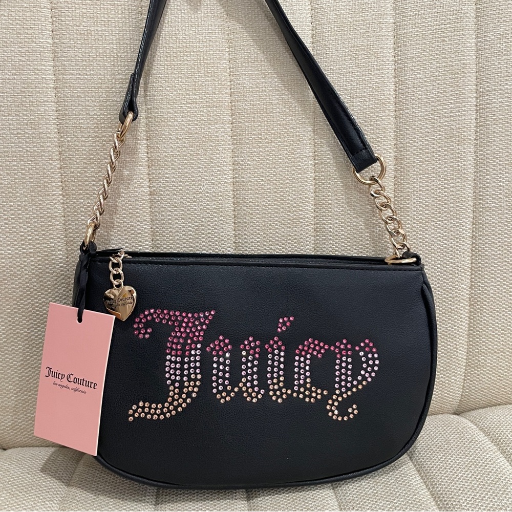 NEW Juicy Couture‎ Black Faux Leather Rhinestone Ombre Logo Shoulder Bag